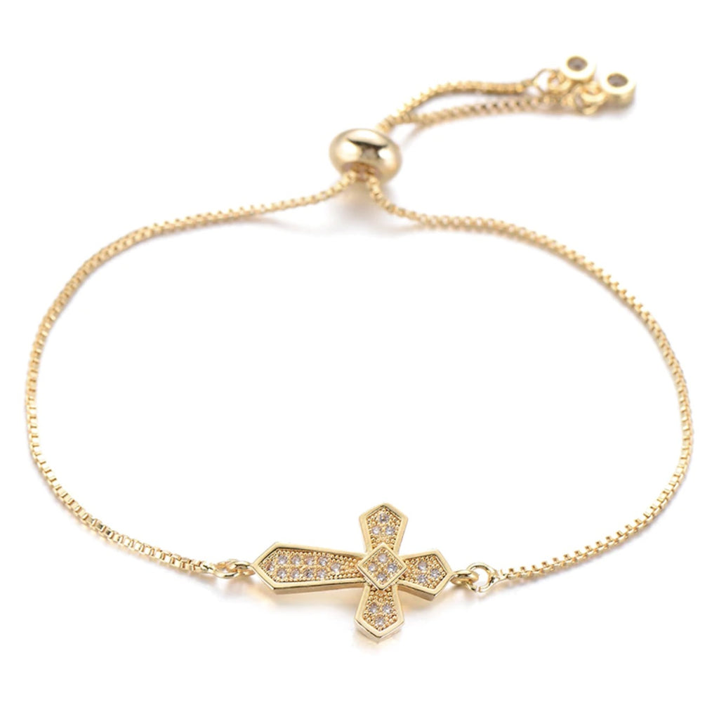 Dainty Cross Charm Yellow Gold Cubic Zirconia Adjustable Religious Bracelet