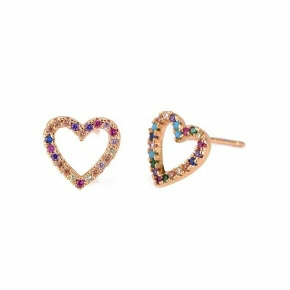 Gold Multi Color Rhinestone Small Heart Stud Women's Fashion Earrings Love Gift