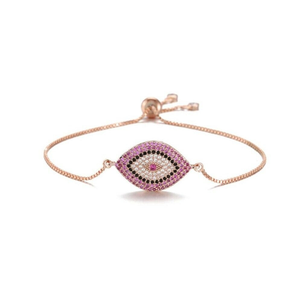 18k Rose Gold Pink Cubic Zirconia Evil Eye Protection Boho Adjustable Bracelet