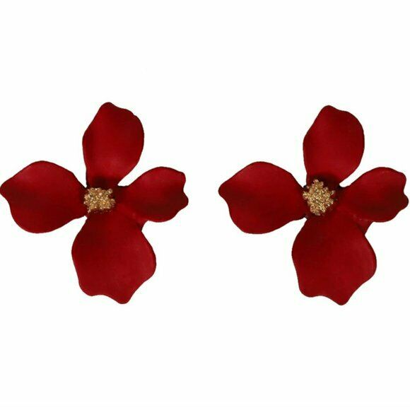 Red Gold Small Flower Delicate Stud Women's Earrings Beauty Garden Nature 