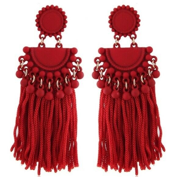 Red Boho Gypsy Tassel Long Dangle Women's Earrings Chic Blogger Style