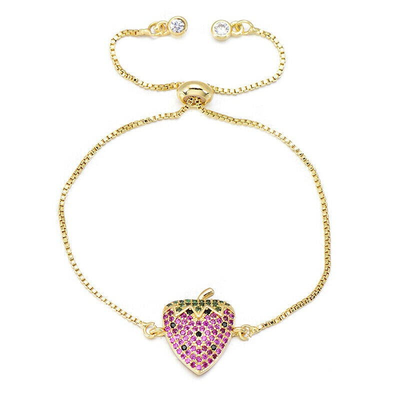 Gold Pink Strawberry Fruit Cute Cubic Zirconia Stackable Adjustable Bracelet
