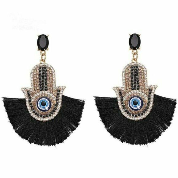 Black Gold Evil Eye Hamsa Tassel Crystal Dangle Boho Gypsy Women's Earrings