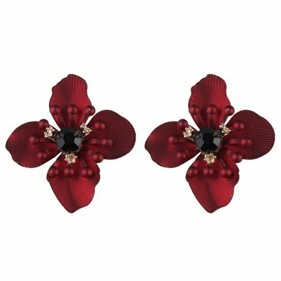 Dark Red Black Crystal Flower Large Stud Women's Earrings Beauty Garden Nature 