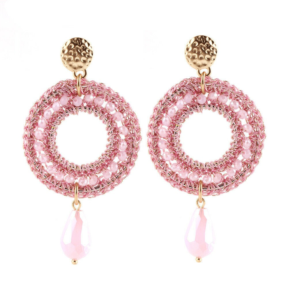 Round Pink Gold Beaded Dangle Boho Chic Women's Fashion Party Earrings