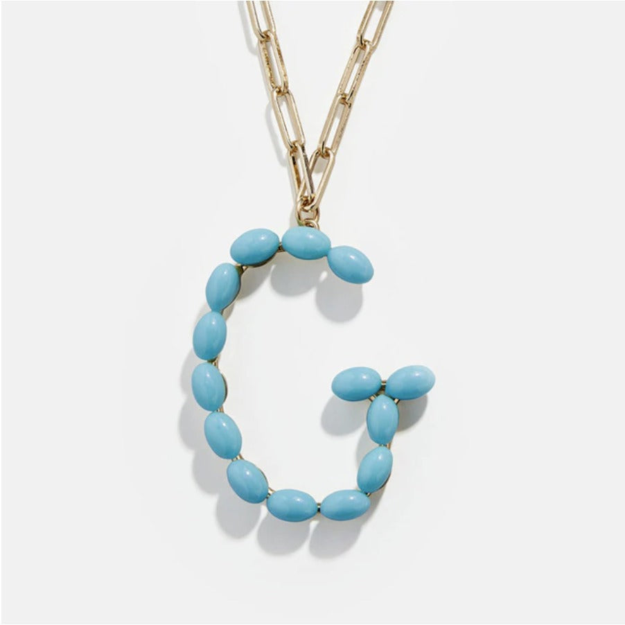 Blue Bead Paper Clip Chain Initial Letter "G" Name Necklace