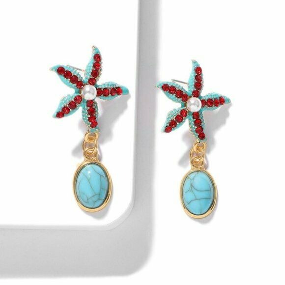 Gold Red Turquoise Starfish Crystal Drop Women's Fashion Earrings Sea Beach 