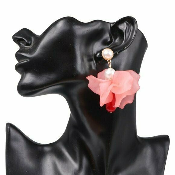 Pink Red Pearl Flower Large Statement Dangle Women's Earrings Fashion Nature 