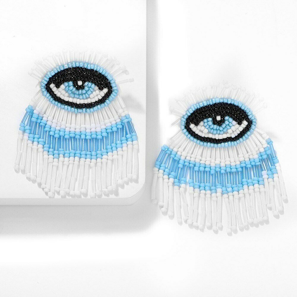 White Blue Evil Eye Large Beaded Tassel Drop Women's Fashion Earrings Boho Chic