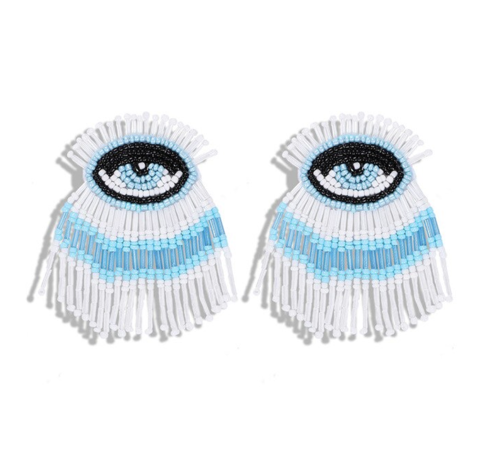 White Blue Evil Eye Large Beaded Tassel Drop Women's Fashion Earrings Boho Chic