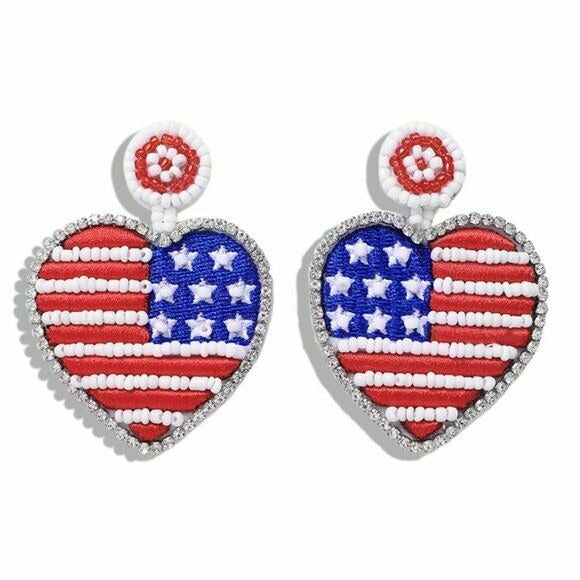 Heart Star American Flag Red Blue Dangle Beaded Women's Earrings Patriotic USA