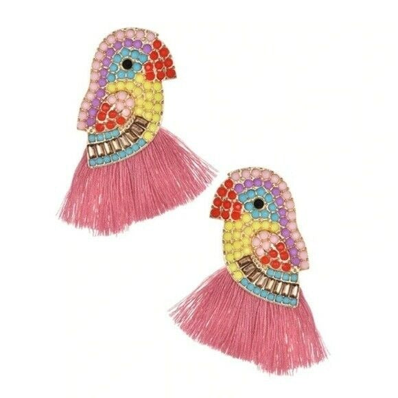Hot Pink Blue Parrot Bird Animal Beaded Tassel Long Earrings