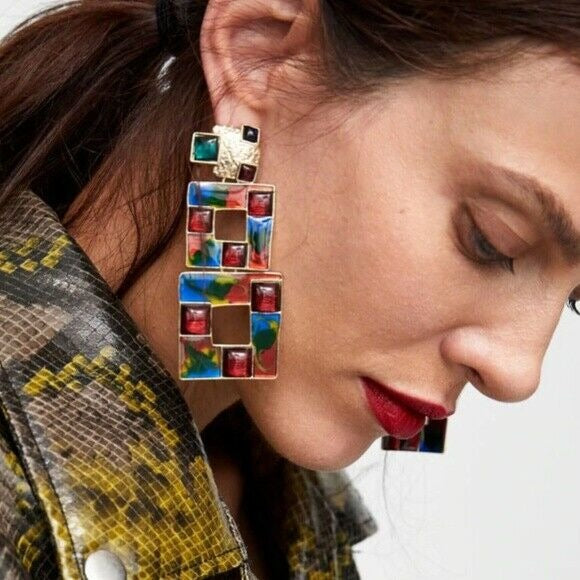 Red Blue Gold Square Retro Vintage Style Large Long Women's Drop Earrings Party