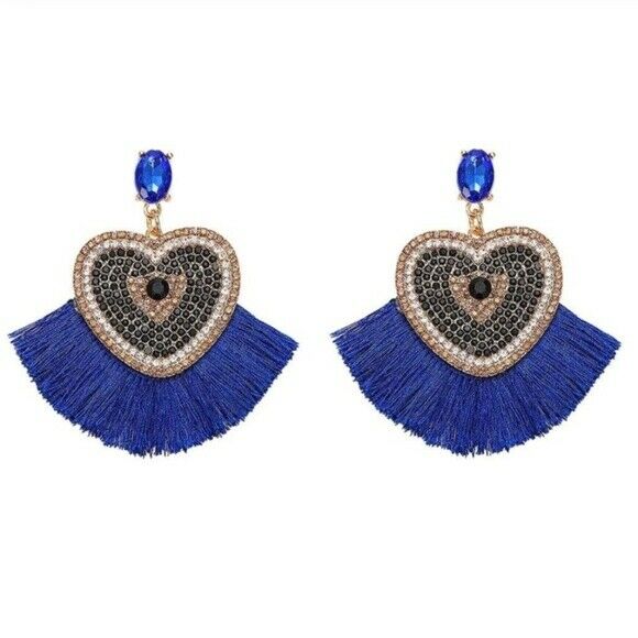 Blue Gold Crystal Heart Shaped Evil Eye Tassel Drop Women's Statement Earrings 