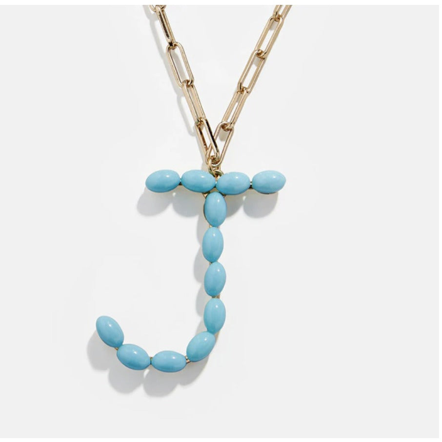 Blue Bead Paper Clip Chain Initial Letter "J" Name Necklace