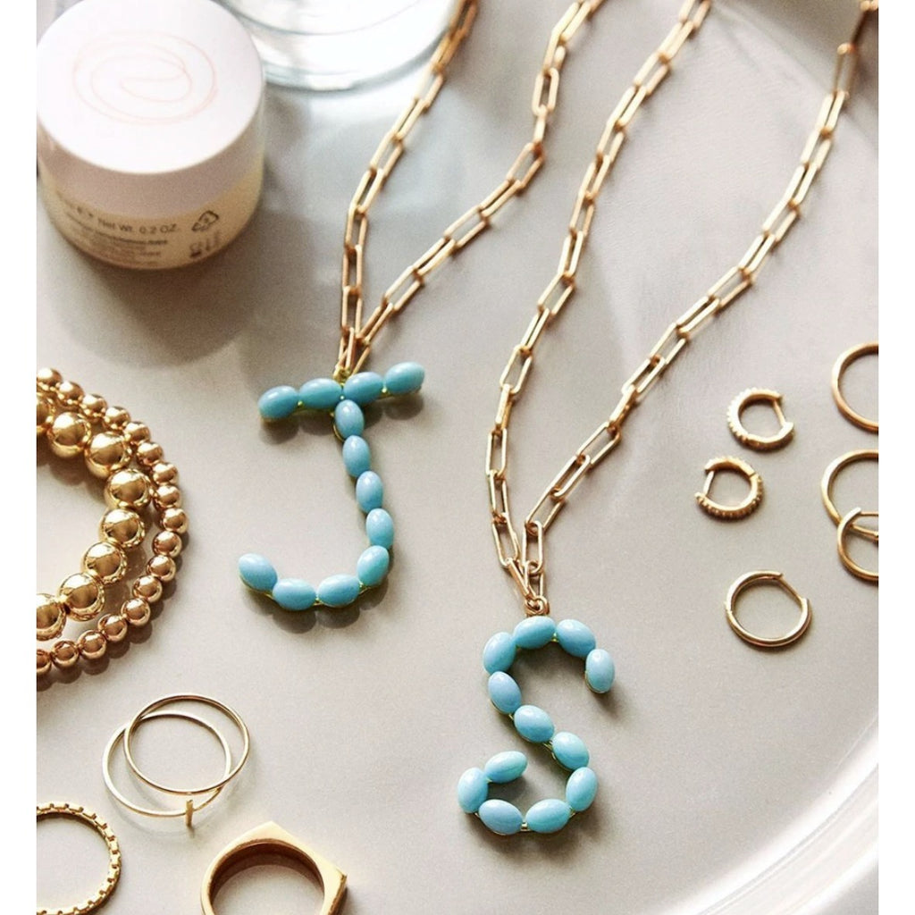 Blue Beaded Letter "J" Gold Paperclip Name Necklace