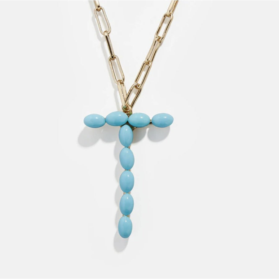 Blue Bead Paper Clip Chain Initial Letter "T" Name Necklace