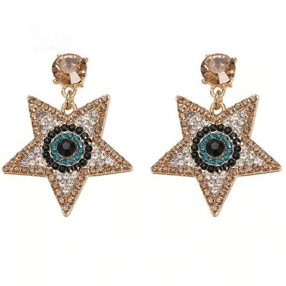 Gold Blue Crystal Evil Eye Protection Symbol Star Dangle Women's Earrings 