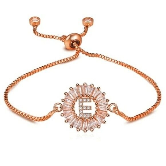 18k Rose Tone Name Initial "E" Letter Cubic Zirconia Adjustable Bracelet Women
