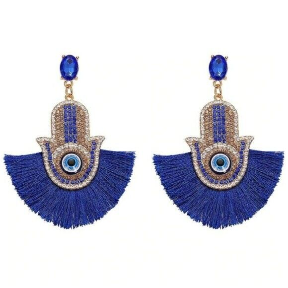 Blue Gold Evil Eye Hamsa Tassel Crystal Dangle Boho Gypsy Women's Earrings