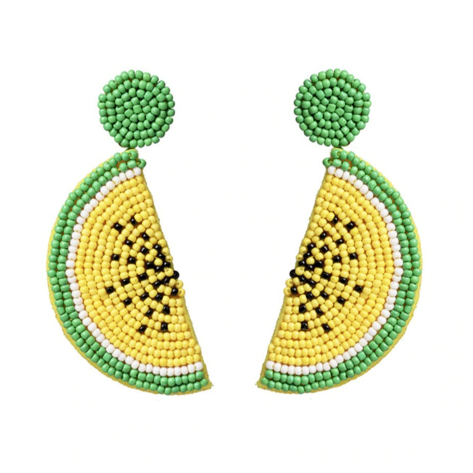 Yellow Green Beaded Watermelon Fruit Flower Drop Summer Dangle Women's Earrings 