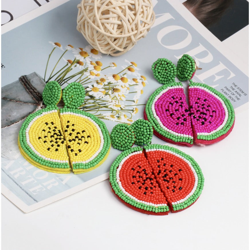 Yellow Green Beaded Watermelon Fruit Flower Drop Summer Dangle Women's Earrings 