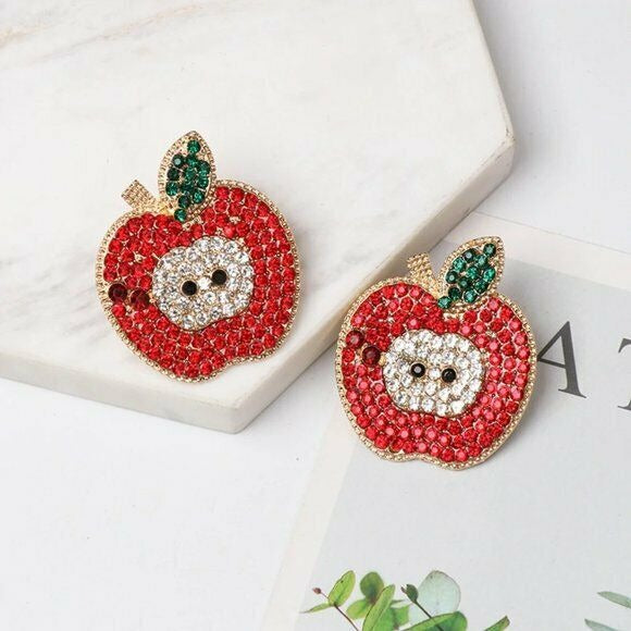 Red Gold Rhinestone Large Apple Fruit Women's Stud Earrings Cute Summer