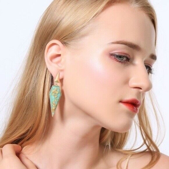Gold Turquoise Stone Retro Style Asymmetric Pointy Drop Women's Earrings Party 