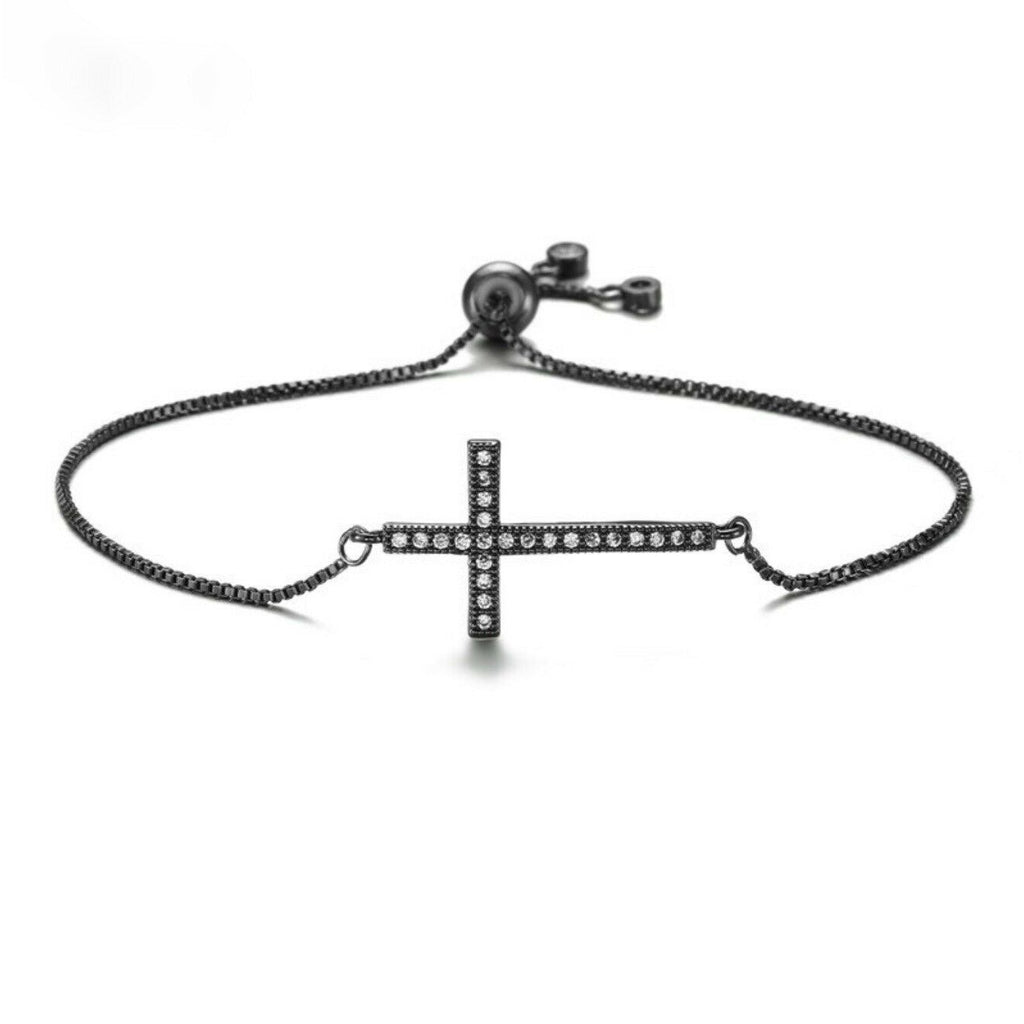 Black Cubic Zirconia Religious Cross Catholic Delicate Adjustable Bracelet