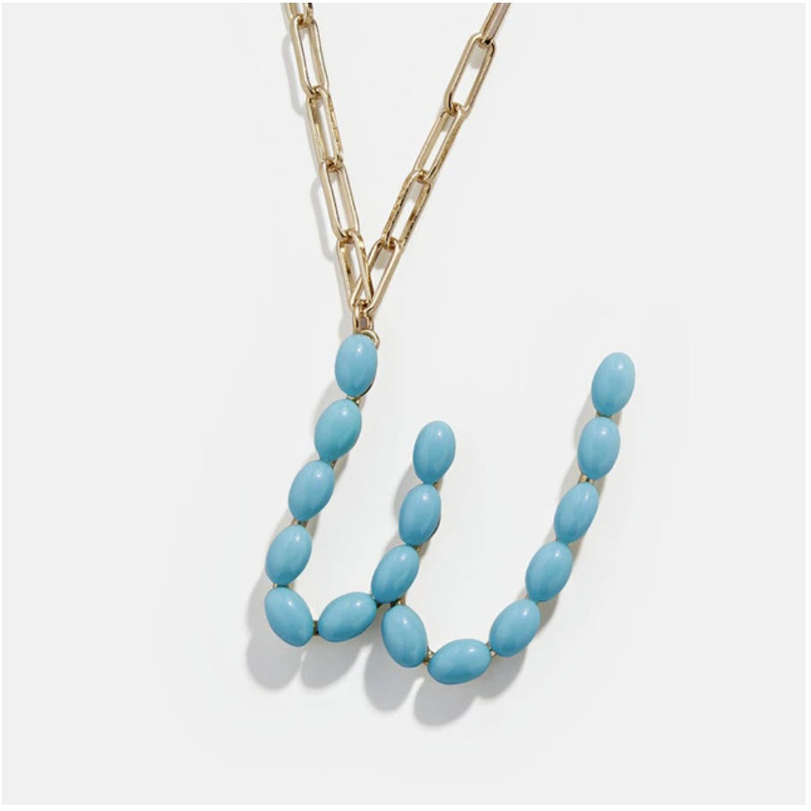 Blue Bead Paper Clip Chain Initial Letter "W" Name Necklace
