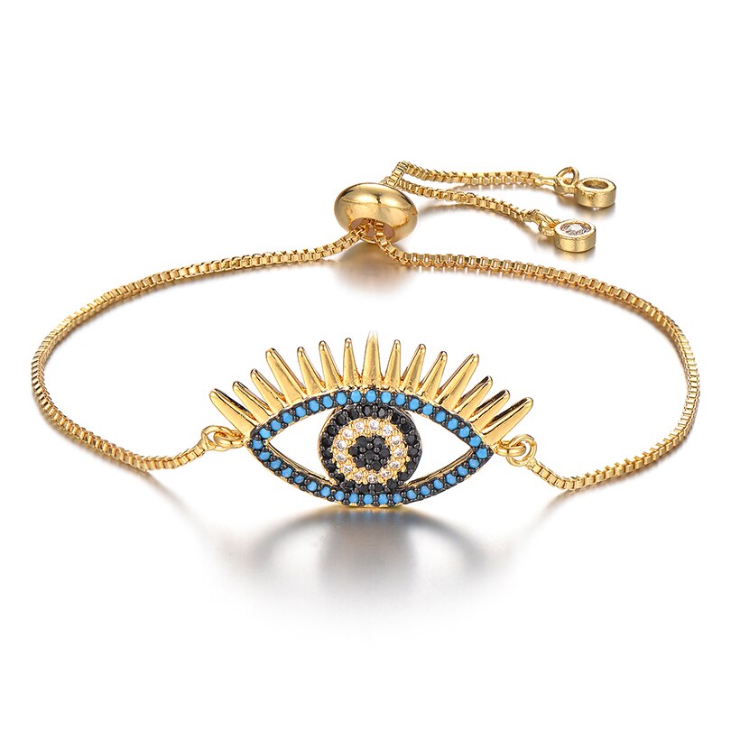 Large Yellow Gold + Blue Pave Cubic Zirconia Halo Evil Eye Cute Lash Adjustable Bracelet