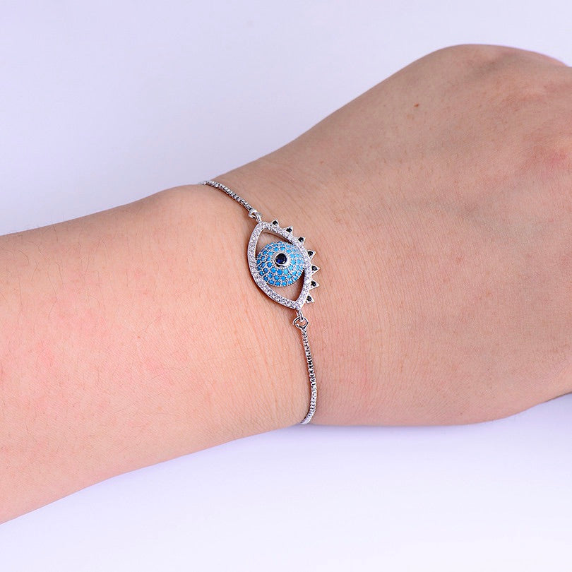 Vibrant Blue Evil Eye Pave Cubic Zirconia Silver Adjustable Bracelet