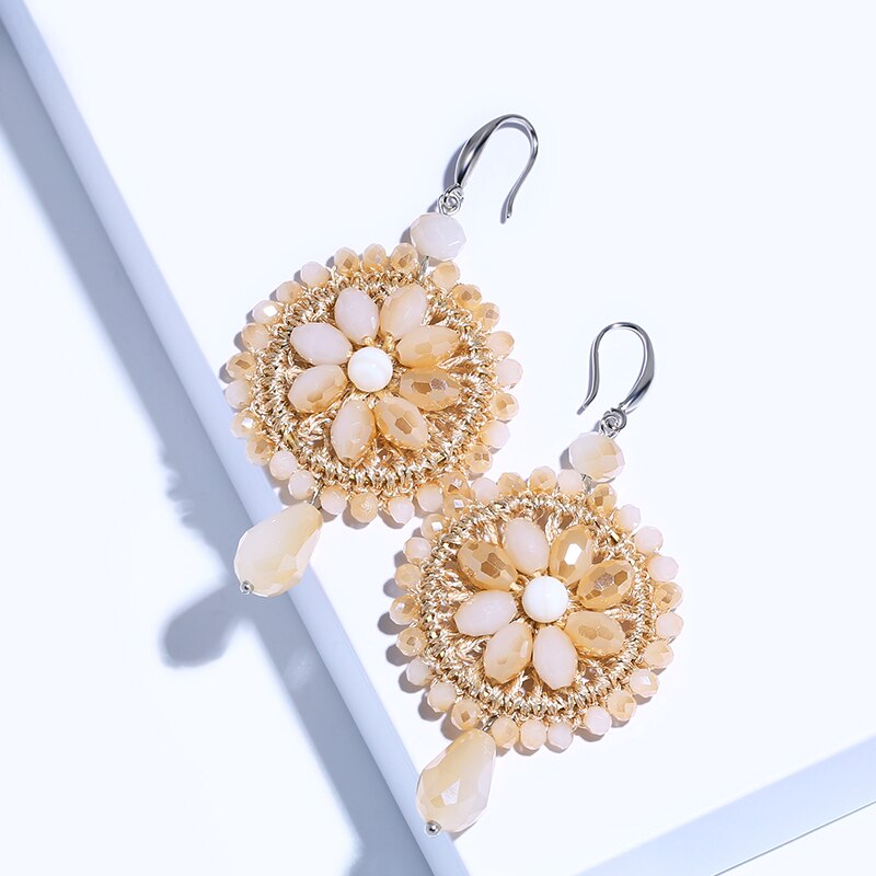 Flower Beige Crystal Beaded Round Drop Boho Romantic Chic Women's Earrings