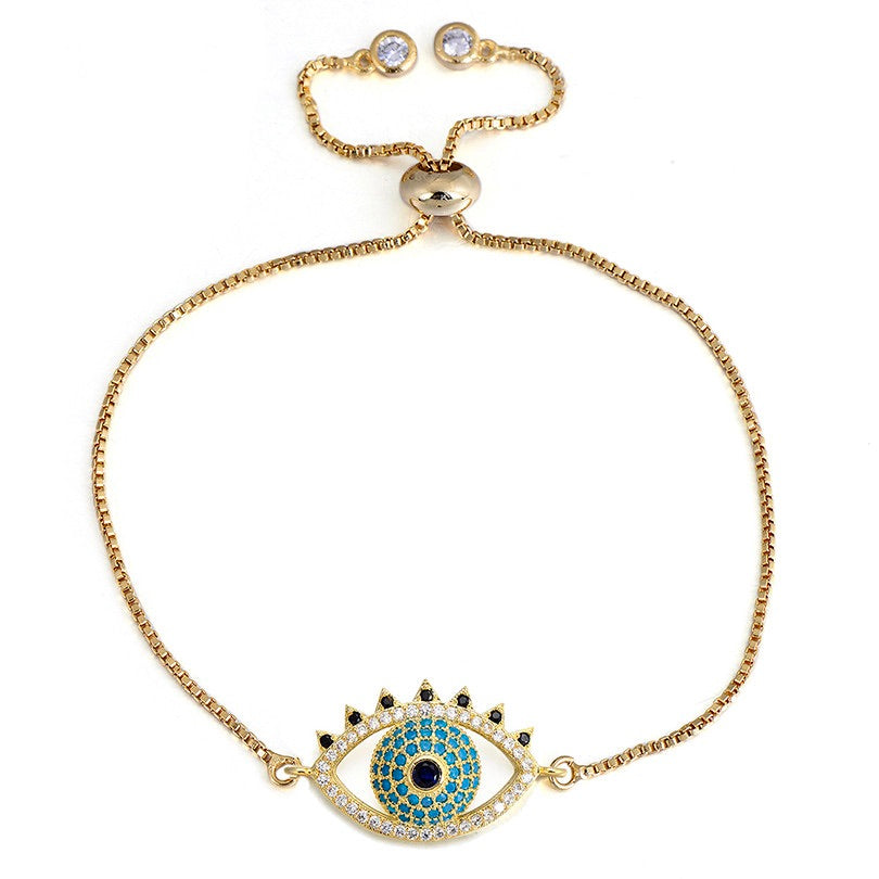 Vibrant Blue Evil Eye Pave Cubic Zirconia Yellow Gold Adjustable Bracelet