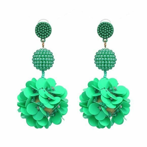 Green Beaded Sequin Flower Large Drop Women's Statement Earrings Nature Fun