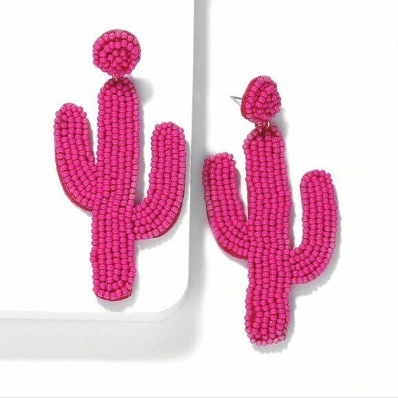 Hot Pink Beaded Cactus Long Dangle Statement Women's Earrings Sand Desert Party