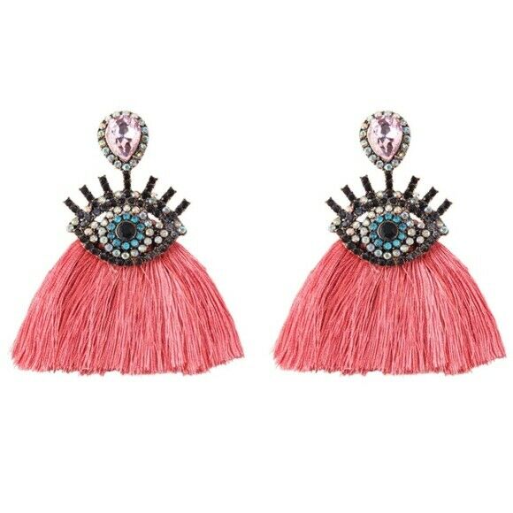 Pink Tassel Boho Rhinestone Blue Evil Eye Eyelash Women's Earrings Party Fashion