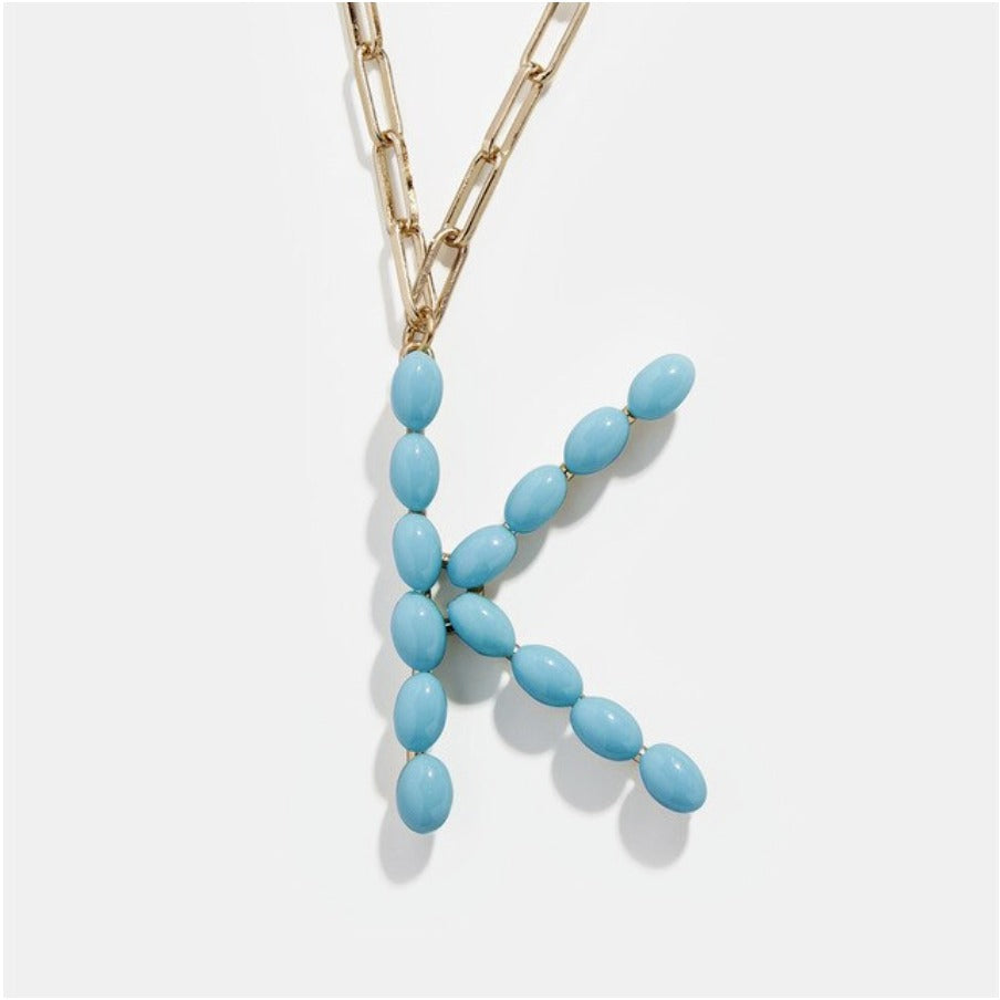 Blue Bead Paper Clip Chain Initial Letter "K" Name Necklace