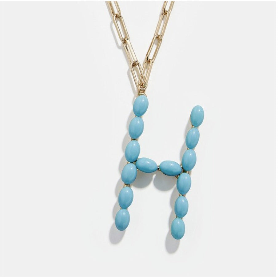 Blue Bead Paper Clip Chain Initial Letter "H" Name Necklace