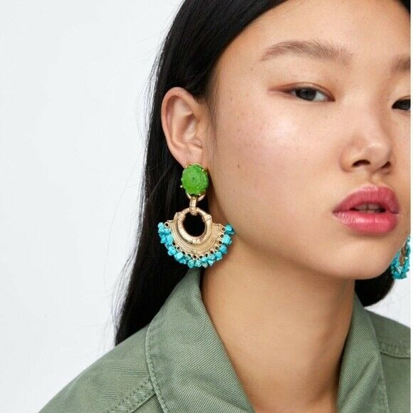 Druzy Turquoise Gold Boho Gypsy Style Drop Round Statement Women's Earrings