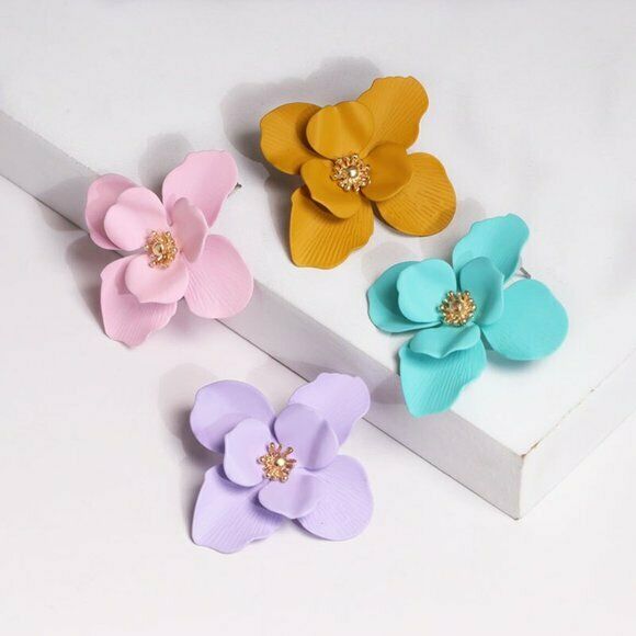 Turquoise Gold Large Flower Stud Women's Fashion Earrings Nature Cute Blogger 