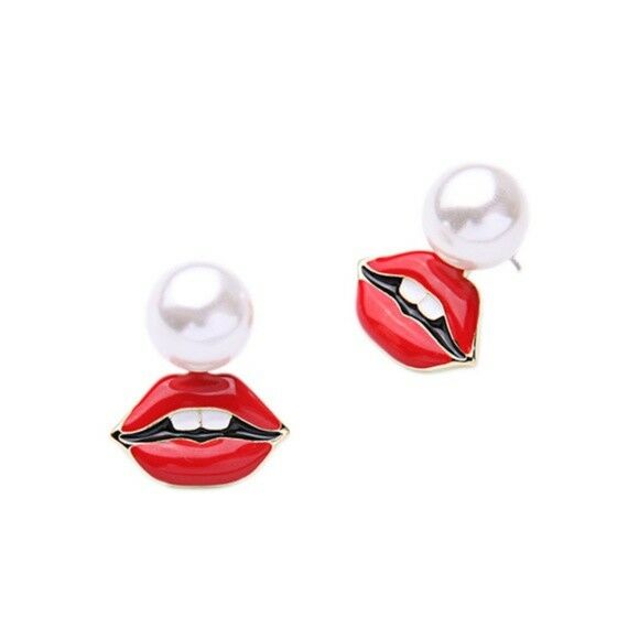 Pearl Red Lips Teeth Gold Tone Round Stud Trendy Women's Earrings Gift Fun