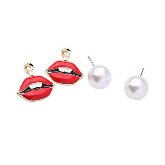 Pearl Red Lips Teeth Gold Tone Round Stud Trendy Women's Earrings Gift Fun