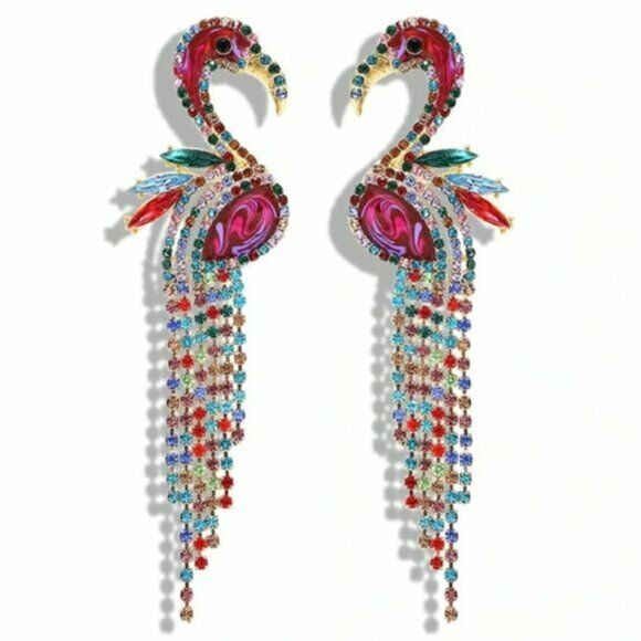 Multi-Color Rhinestone Flamingo Bird Long Drop Statement Women's Earrings Fashion 