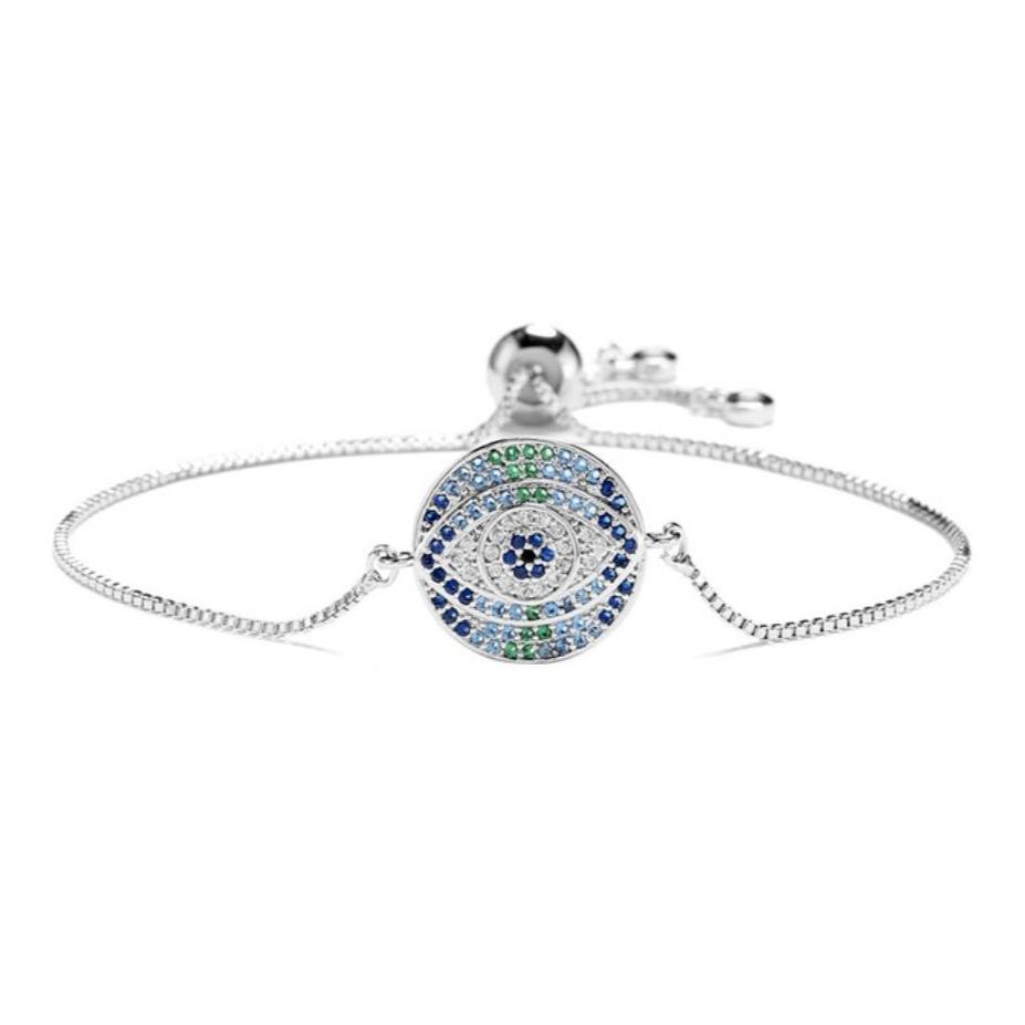 Silver Blue Round Evil Eye Symbol Cubic Zirconia Women's Adjustable Bracelet