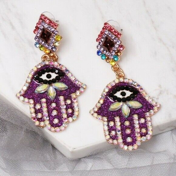 Purple Gold Evil Eye Hamsa Symbol Crystal Boho Drop Earrings