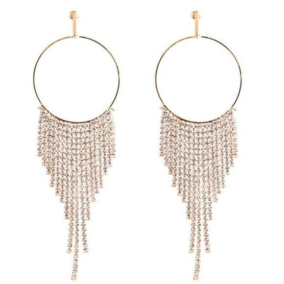 Gold Tone Long Drop Round Crystal Women's Earrings Party Night Out Trendy