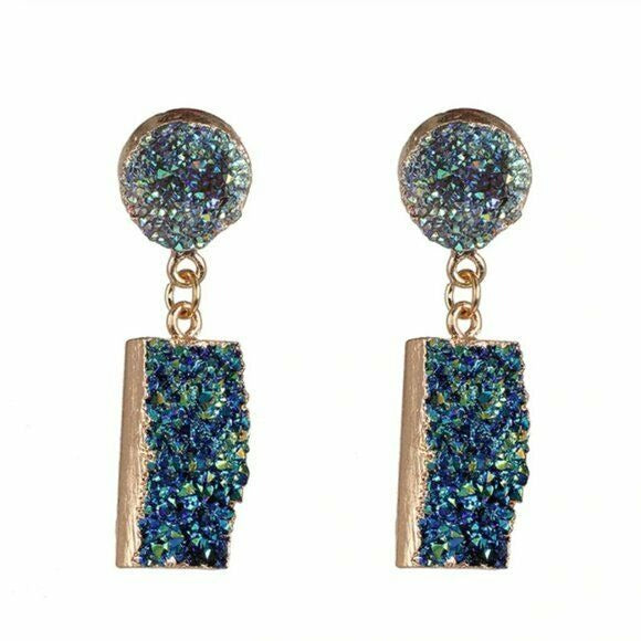 Yellow Gold Sparkling Glitter Blue Druzy Stone Women's Drop Earrings Party Chic