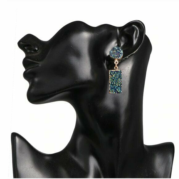 Yellow Gold Sparkling Glitter Blue Druzy Stone Women's Drop Earrings Party Chic
