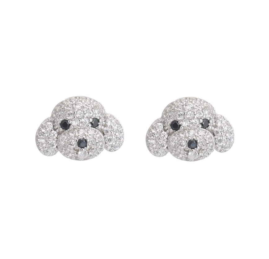 Sterling Silver Pave Cubic Zirconia Small Dog Animal Puppy Stud Earrings